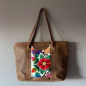 Handmade Daja Designs Sophia tote bag: Embroidered panel and distressed leather